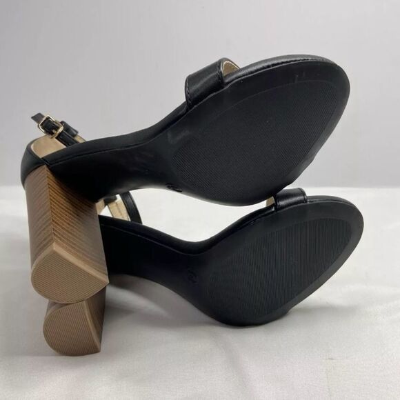 Lulus Taylor Stacked Heels NWOB Black Leather Open Toe Sandals 6 - Picture 5 of 7
